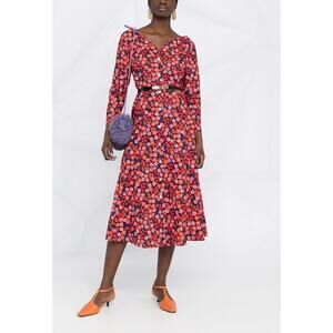 MARNI Floral Print Midi Shirt Dress Orange & Blue 3/4 Sleeves V-Neck Italy 44 M